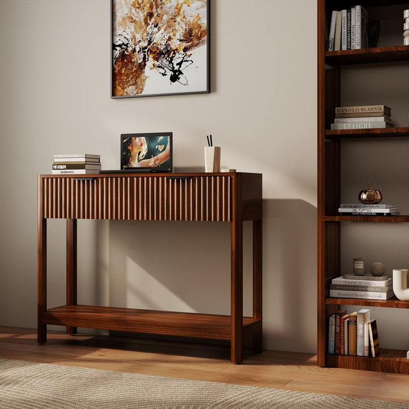 Console cannelée de style Mid-Century avec 2 tiroirs et tablette ouverte, table d'entrée étroite, table de canapé mince pour le couloir, salon, petits espaces, assemblage facile