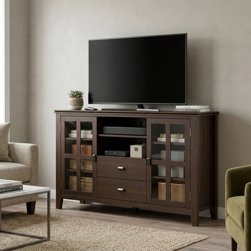 Meuble télé haut en bois massif Artisan, Brun naturel vieilli