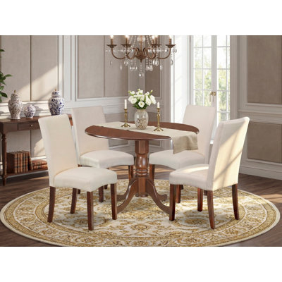 L'ensemble de mobilier de salle à manger 5 pièces comprend une table ronde avec Dropleaf et 4 chaises rembourrées en lin crème, acajou