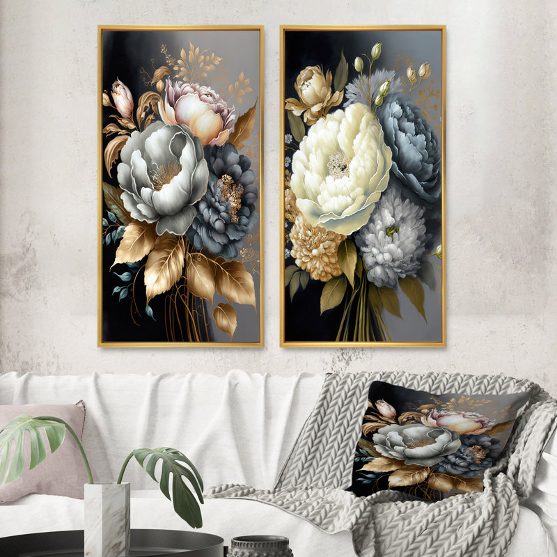 «Blue Blooming Bouquet V», 2 pièces sur toile, Encadrement doré, H 20 po x l 24 po