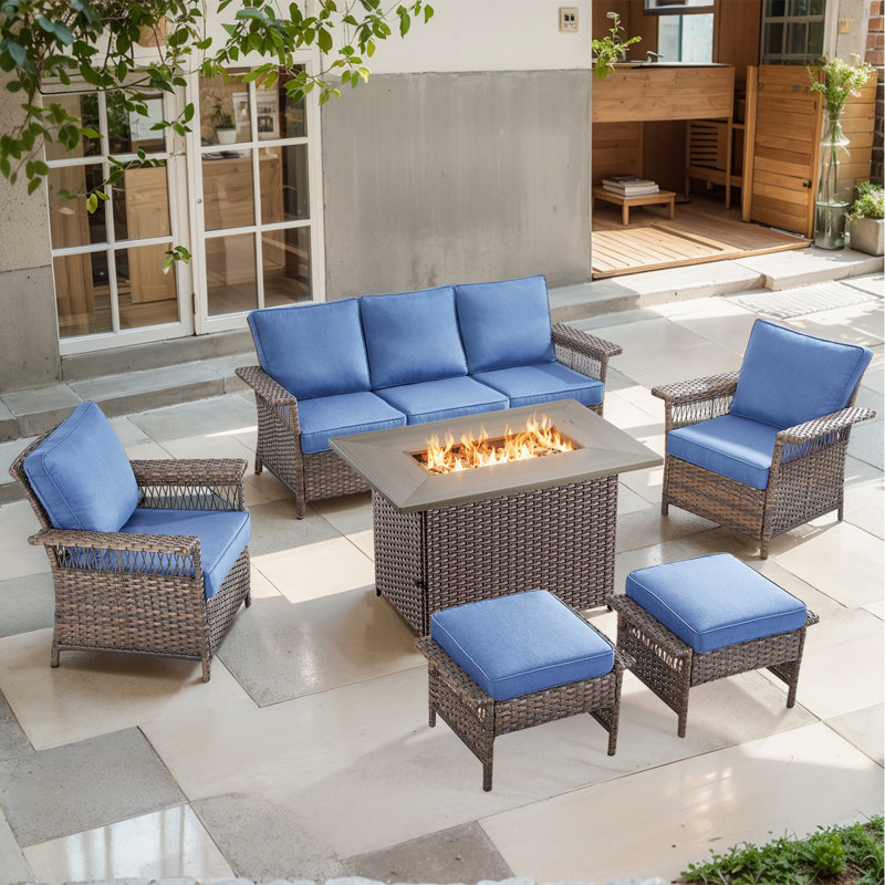 Anferney 6-Pieces Outdoor Wicker Patio Sofa Seating Group with Fire Pit Table and Ottomans, Blue