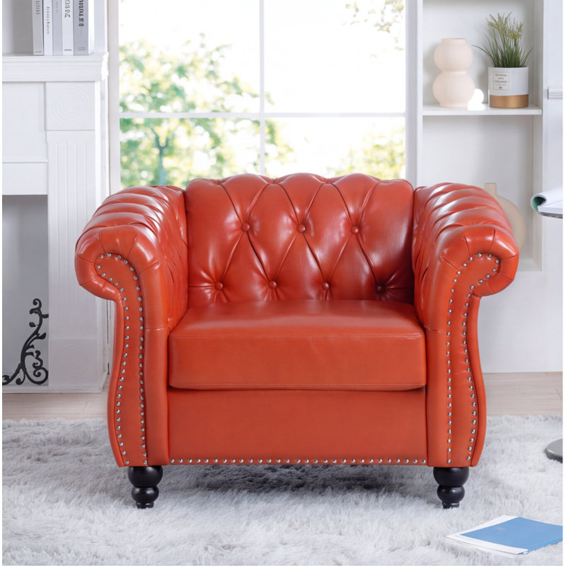 Fauteuil simple en similicuir orange, fauteuil d'appoint de 39 po de large avec dossier capitonné, pieds en bouleau massif, capacité de 220 lb