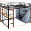 Lit mezzanine double en métal avec bureau, tablettes, prise électrique, lampe à DEL et garde-robe en noir. Économisez de l'espace dans votre maison. Construire. L 77,4 po x l 56,5 po x H 66,5 po. Matelas non inclus. Tablettes noires à assembler,-606493730-606493732