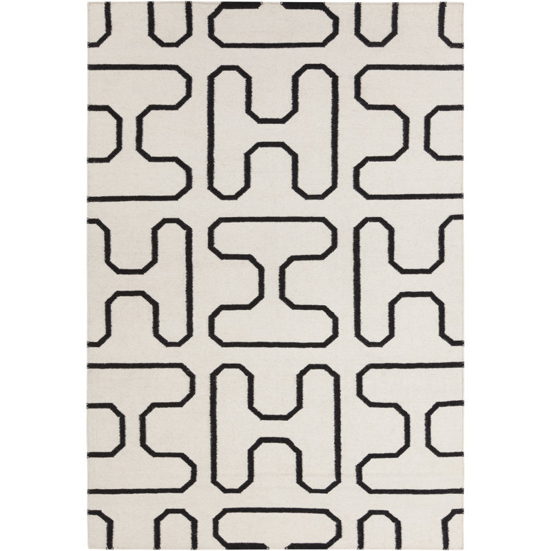 Chevella Flatweave Handmade Black, White Geometric Cotton Wool Dhurrie Rug, 3' x 5'