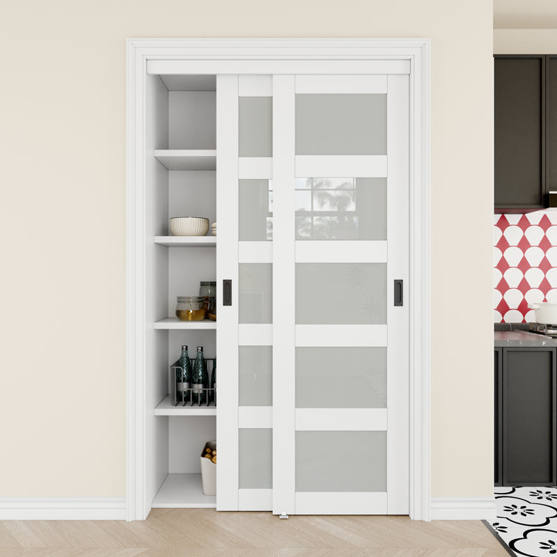 Porte coulissante en verre trempé blanc givré 5 Lite avec quincaillerie et poignées (sans assemblage), 48 po x 80 po