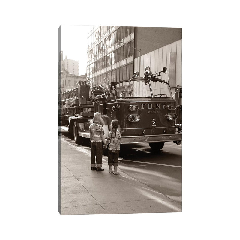 1970s 2 Children Boy Girl Holding Hands Looking At Fire Truck Parked On Street New York City - Wrapped Canvas Print