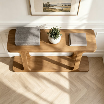 50" Minimalist Modern Console Table, Inlaid Assembly Design, Solid Wood Legs, Pine Veneer, Thick Tabletop & Bottom Shelf, Entryway Sofa Table for Livi
