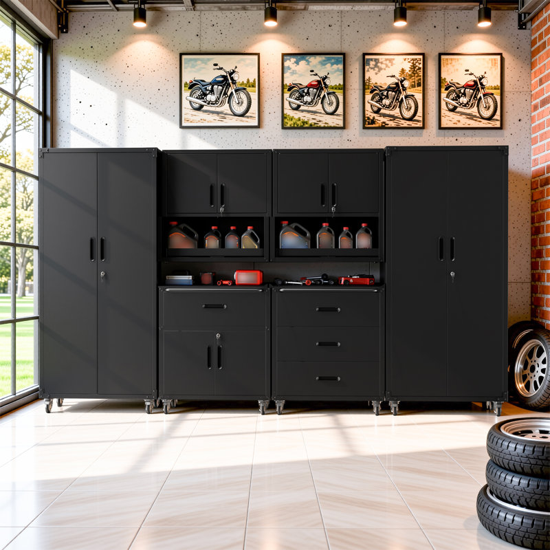 Ensemble de rangement pour garage 6 pièces : armoires métalliques à roulettes, 2 armoires murales, 2 armoires à roulettes, 2 armoires hautes perforées et un coffre à outils verrouillable.