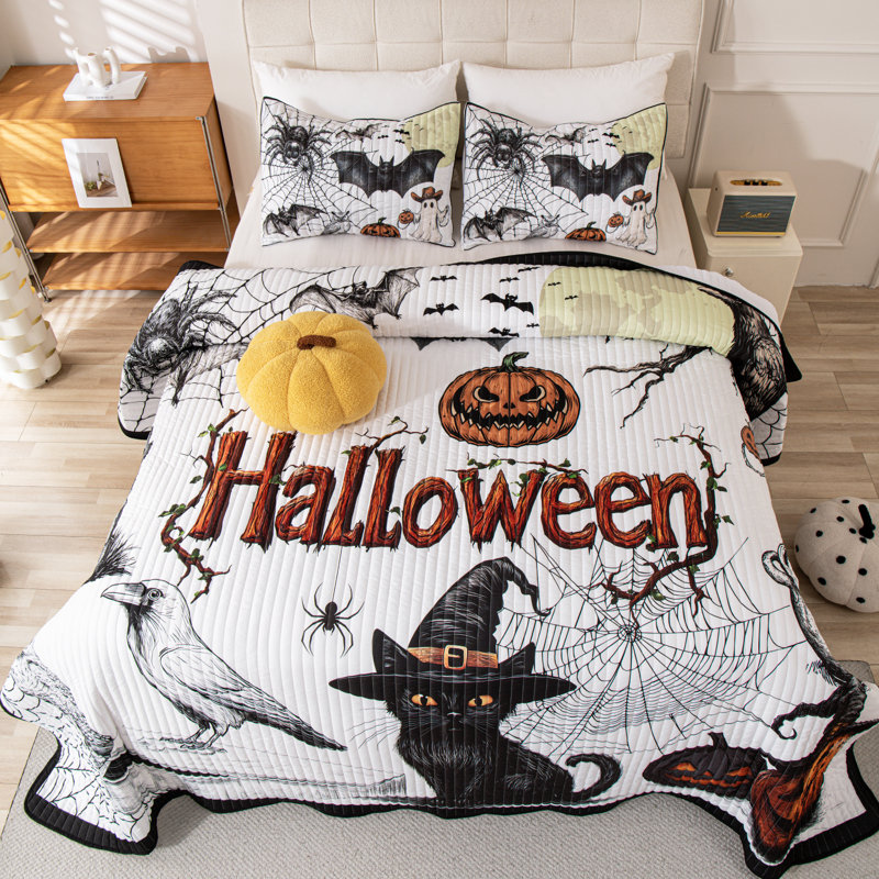 Ensemble de courtepointe 3 pièces Halloween Ensemble de literie réversible Crows Bats, Blanc