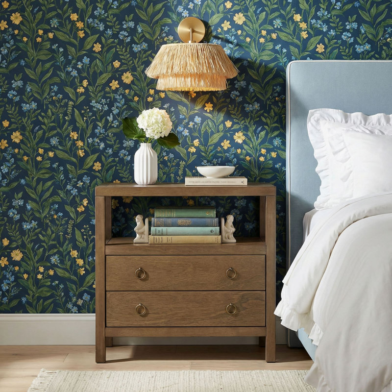 Linea 2 Drawer Nightstand with Shelf, 28"W, Medium Brown, Black