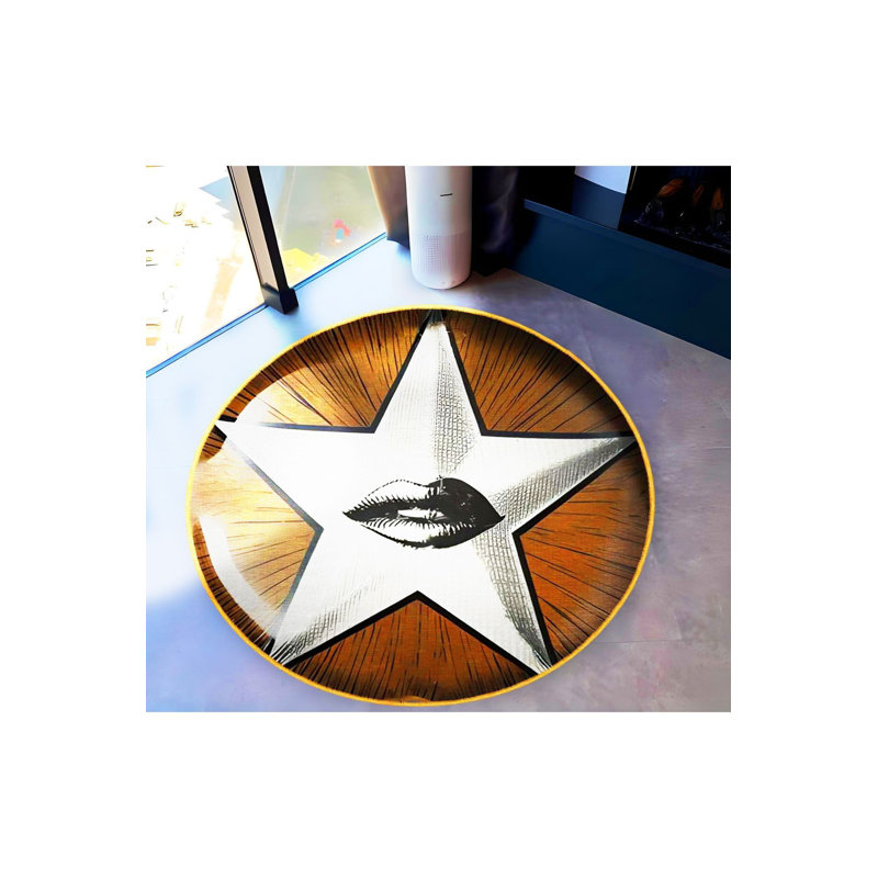 Round Star and Lips Patterned Woven Base Washable Rug, Round 3'3" Rug Pad Included