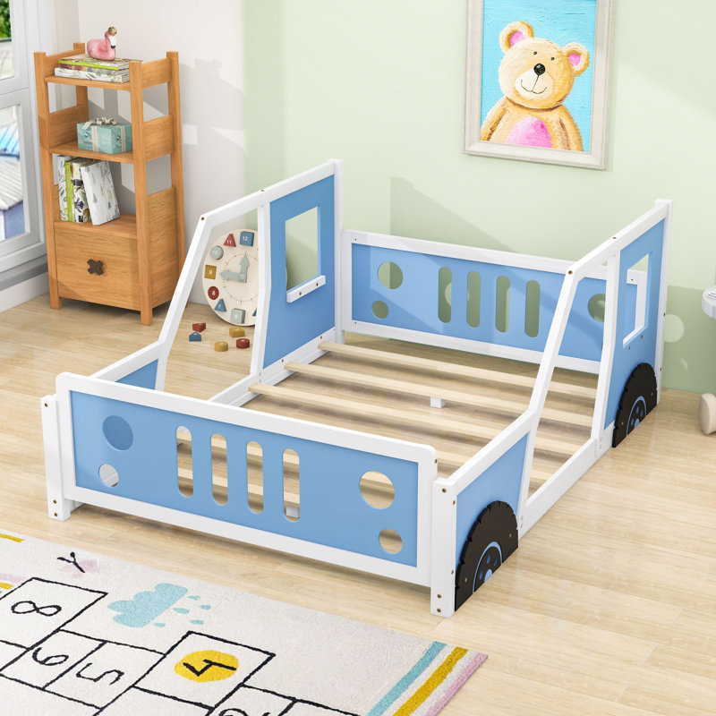 Car-Shaped Platform Bed With Decorative Wheels, Full, Blue