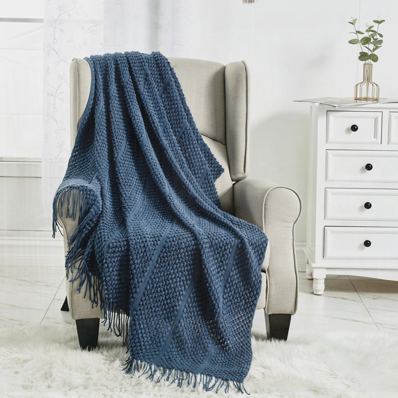 Knitted Acrylic-Polyester Navy Blue Textured Single Piece Throw Blanket