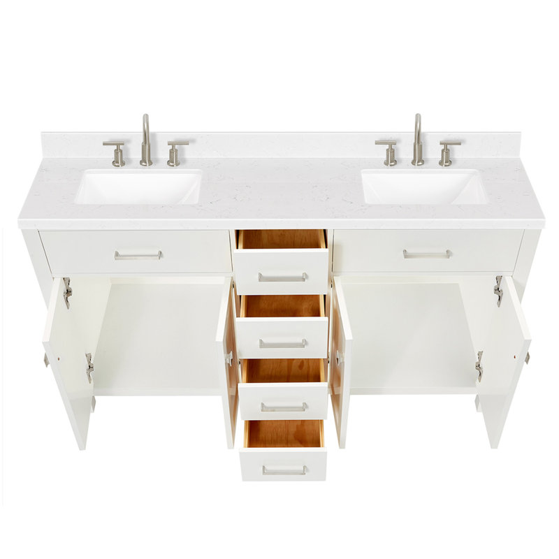 Ensemble de meuble-lavabo double Abbate, Rectangulaire, Blanc, 60"