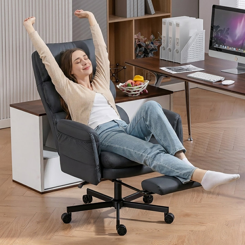 Pu Leather Cross-Legged Office Chair With Flip-Up Arms And Headrest, High-Back Ergonomic Swivel Executive Chair With Footrest And Side Pockets