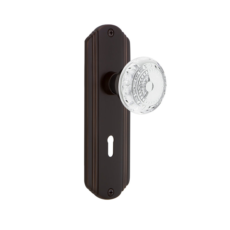 Crystal Meadows Interior Mortise Door Knob with Deco Long Plate, Timeless Bronze