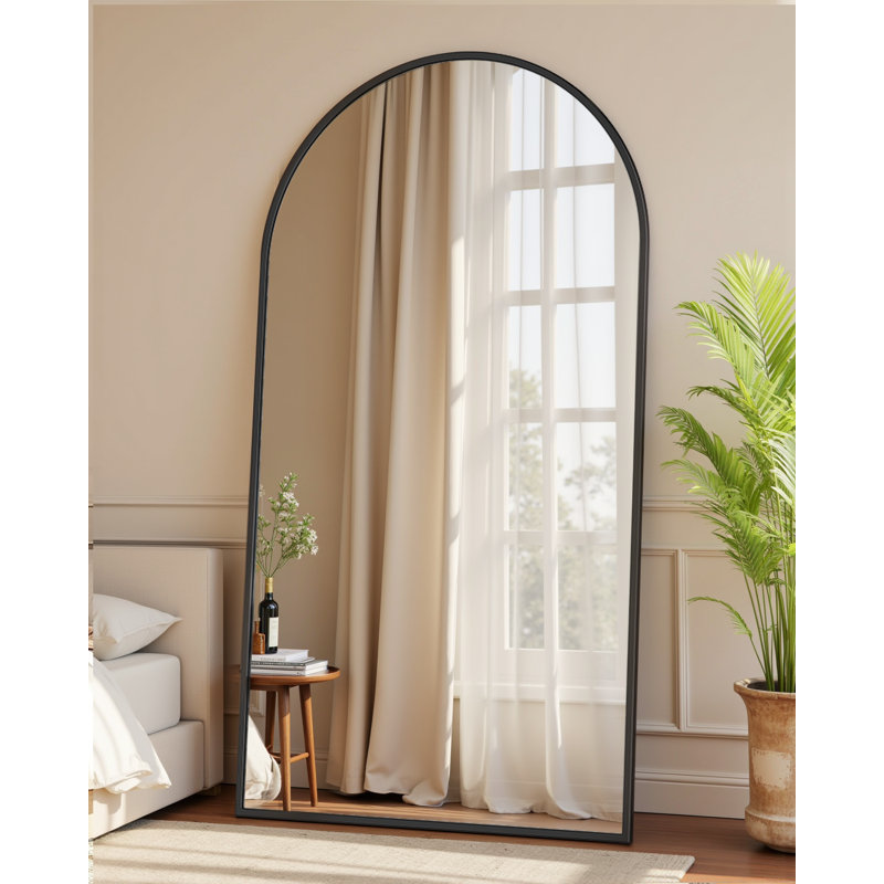 Miroir de plancher noir arqué avec support, miroir autoportant de 38 po x 77 po pour chambre à coucher, 76 po x 44 po, Noir