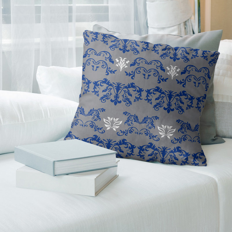 Housse de coussin Seattle Baroque, Polyester sergé, 14 po x 14 po, Gris / bleu / blanc