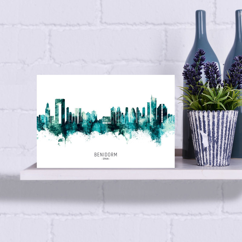 Benidorm, aquarelle, horizon moderne, architecture vibrante, art mural de la ville, H 12 po x l 18 po