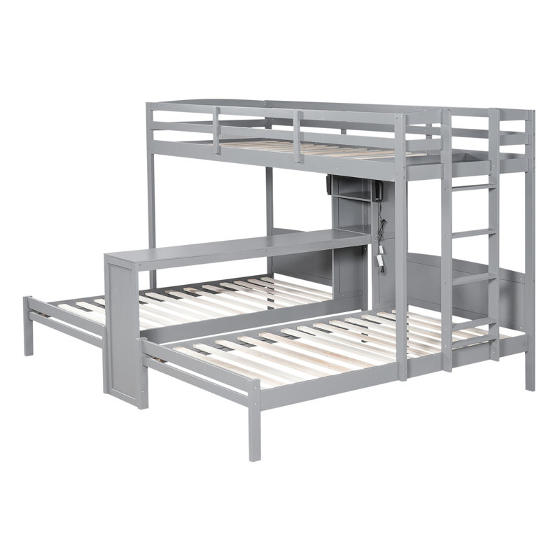 Lit superposé avec bureau intégré et tablettes de rangement, Gris