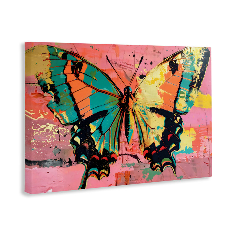 Papillon rétro sur toile abstraite rose, design par LSR Design Studio, H 16 po x l 24 po
