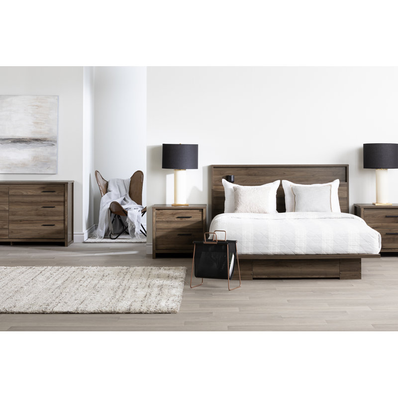 Queen Walnut Wood Frame Platform Bed with Storage Drawer
