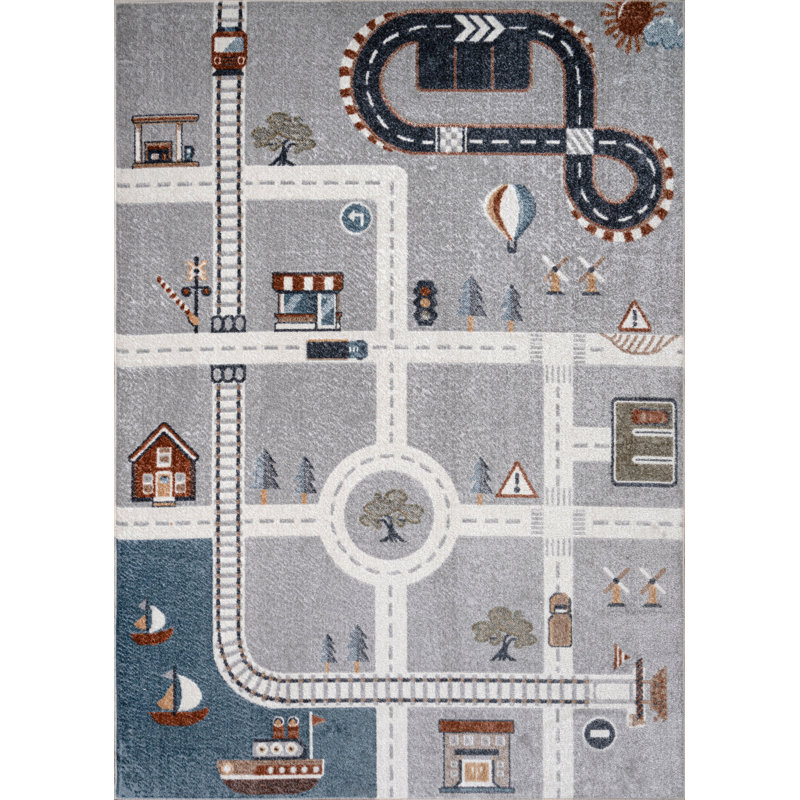Tapis abstrait en polypropylène / jute tissé à la machine Downton en beige / bleu / gris, Rectangle 5 pi 2 po x 7 pi 6 po
