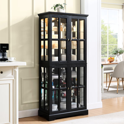 Vitrine en verre noir de style américain avec portes doubles, hauteur réglable et panneau arrière en acrylique pour tablettes