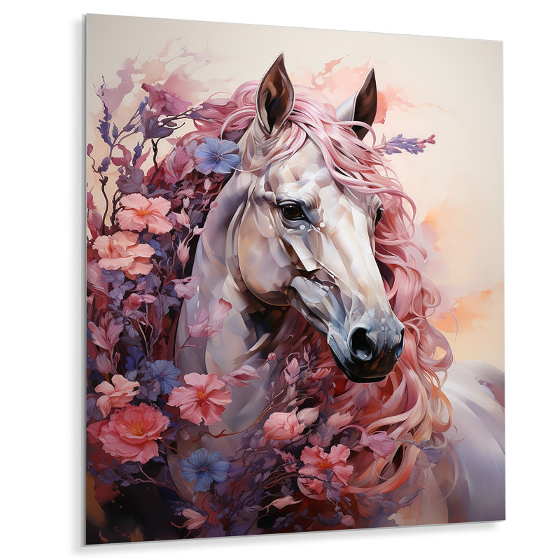 «Pink Enchanted Horse Fairies I» - art mural en métal fées, H 20 po x l 12 po x P 1 po