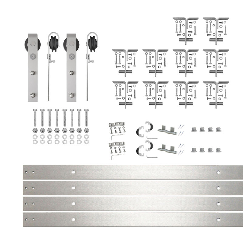 Brushed Nickel Ceiling Mount Double Track Bypass Double/Two Sliding Barn Doors Hardware Kit , Two 12ft Long Flat Track, for Two Interior Doors (Doors not Included）