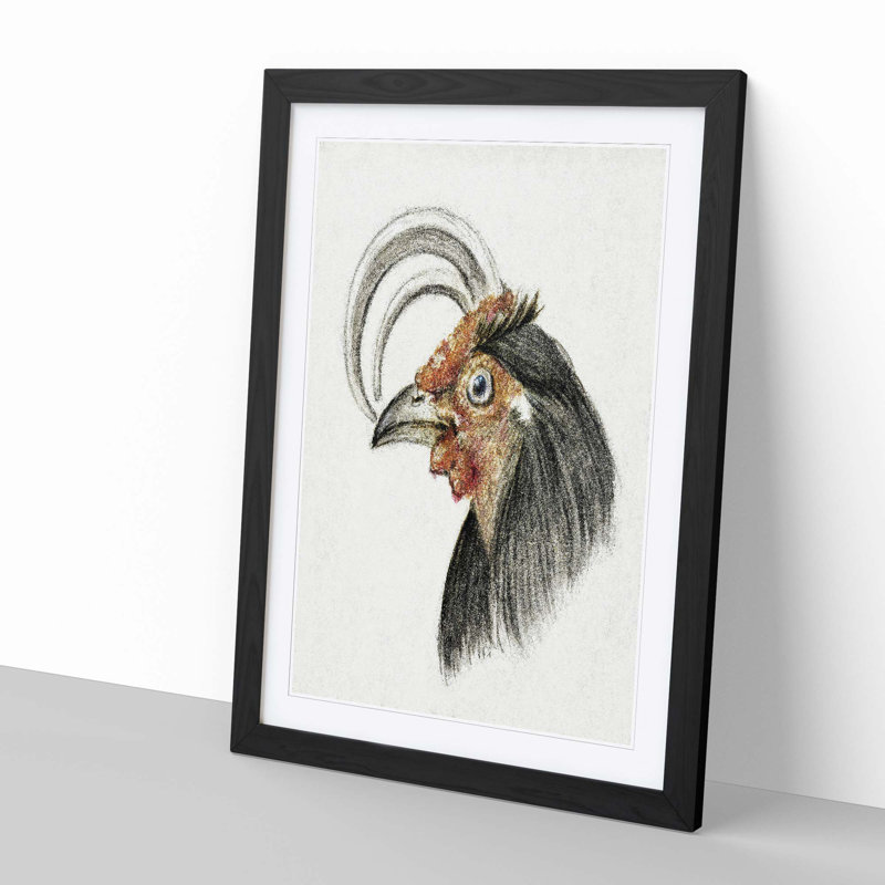 Head of a Rooster by Jean Bernard - Picture Frame Drawing Print, 65cm H x 48cm W x 2cm D, Black Framed