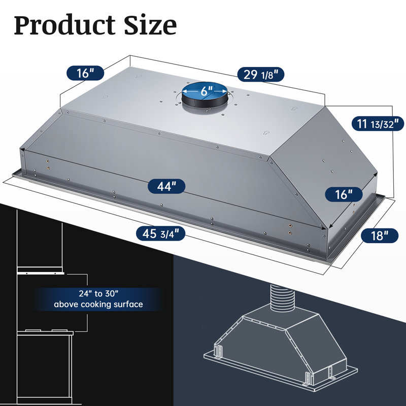 45.75'' 1250CFM Convertible Insert Range Hood with LED Lights and Baffle Filter