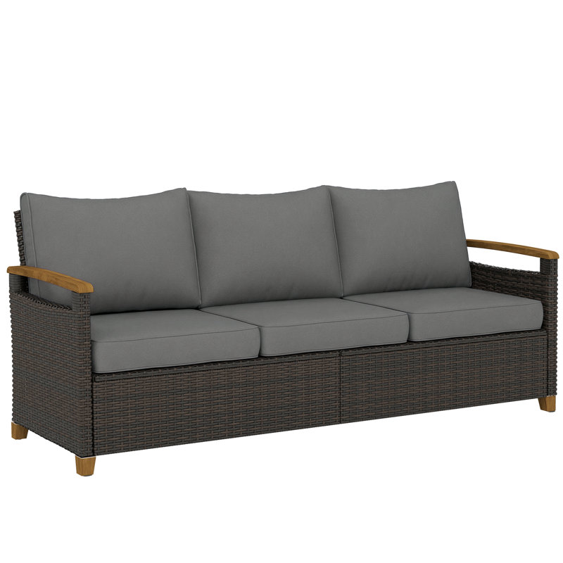 Canapé d'extérieur 3 places en résine tressée PE avec coussins de 10 cm, gris, Gris