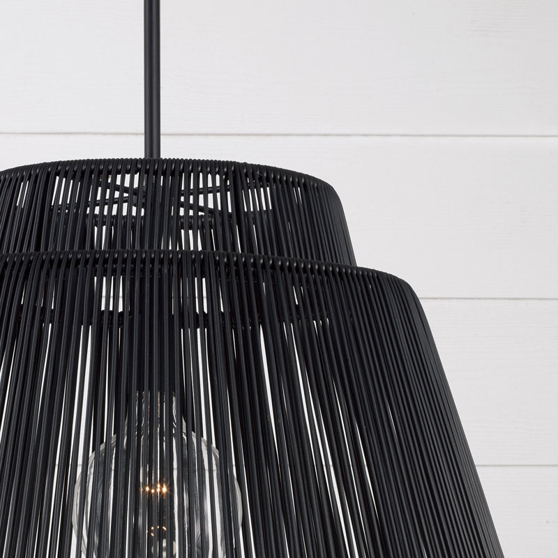 23" W x 17" H 1-Light Indoor Outdoor Pendant in Matte Black and Hand-wrapped Onyx Black Resin Rope, Oynx and Black