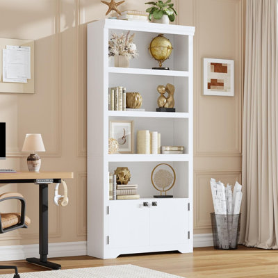 5-Tier Farmhouse Bookshelf, 69” Tall Bookcase with 2 Doors & Adjustable Shelves, Wooden Open Display Storage Rack for Home Office, Living Room & Study (31.5”W)