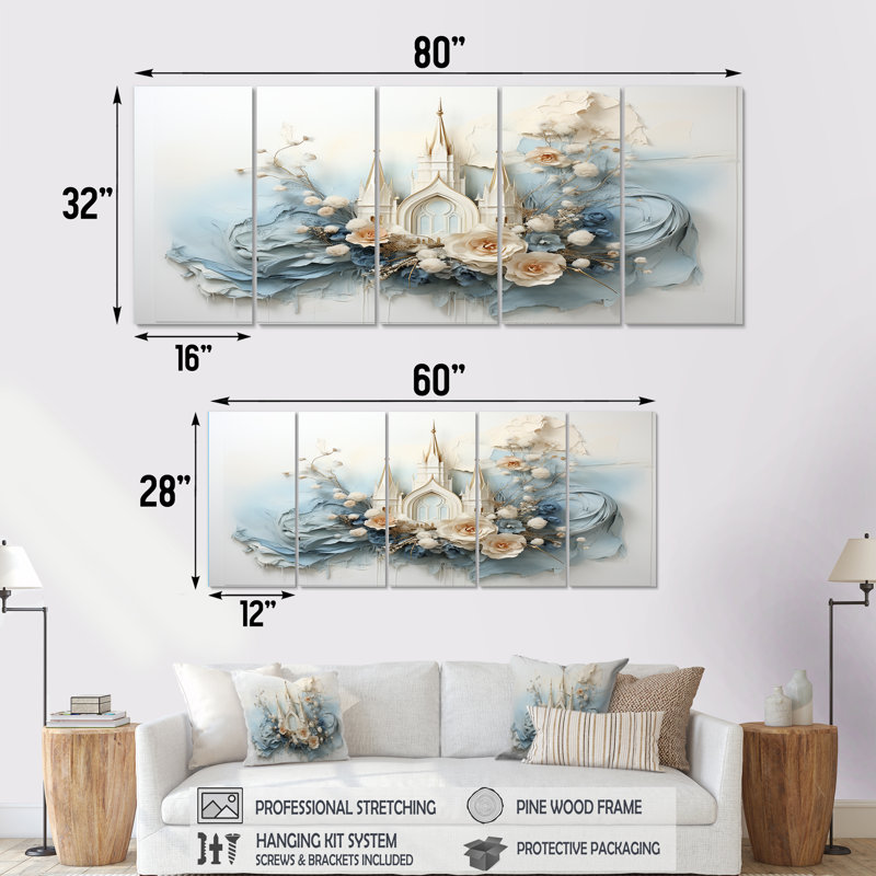 "Art floral de la cathédrale de la Renaissance bleue et blanche", 5 pièces, H 28 po x l 60 po