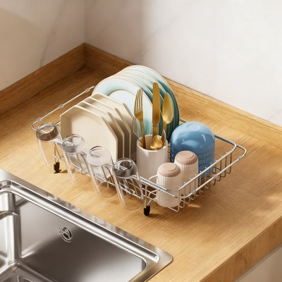 Expandable In-Sink Dish Drying Rack Stainless Steel Kitchen Drainer With Cup Holders Counter Space Saver