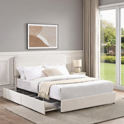 Lit plateforme grand avec rangement en lin beige, boucle rembourrée avec tête de lit capitonnée incurvée et support à lattes en bois