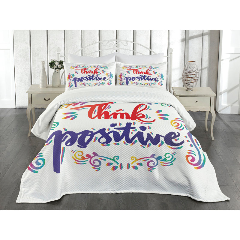 Ambesonne Inspirational Bedspread Set Think Positive Multicolor, King Bedspread + 2 Standard Shams