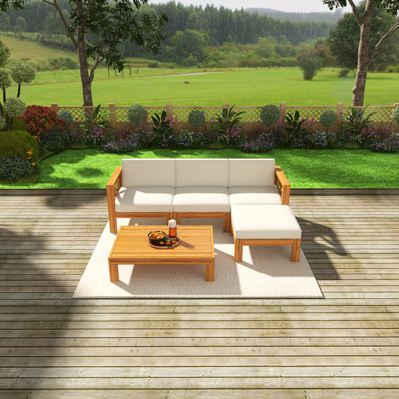 5-Piece Acacia Wood Patio Sectional Sofa Set, Natural Finish With Water-Resistant Cushions, Modular Outdoor Seating Group，Beige