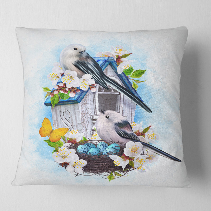 Housse de coussin et insert deux oiseaux deux mésanges assis près du nid avec œufs II, 16" x 16"