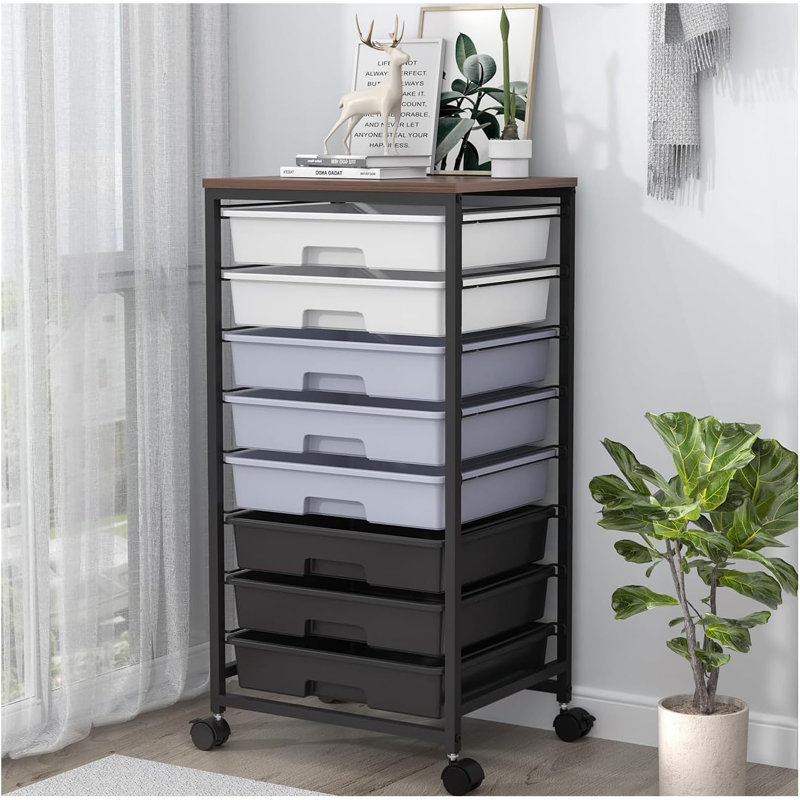 8-Tier Rolling Storage Cart With Drawers, Black