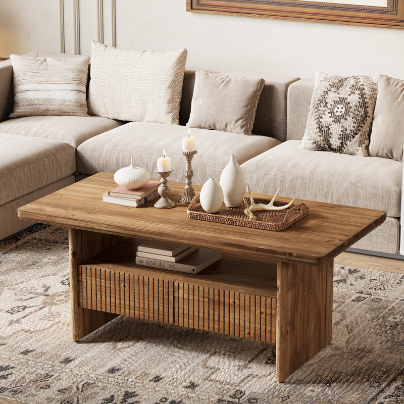 Table basse en bois massif avec 2 tiroirs, table de salon à centre à 2 niveaux rustique 47,24 "