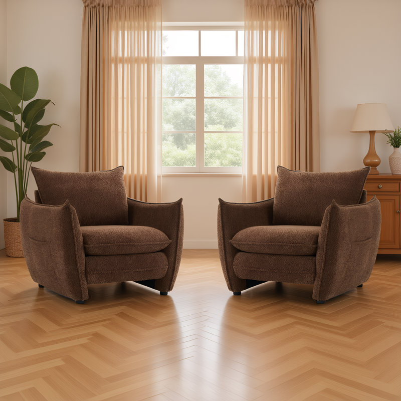 Oversized Chenille Fabric Accent Chair (Set of 2, BROWN）, Brown