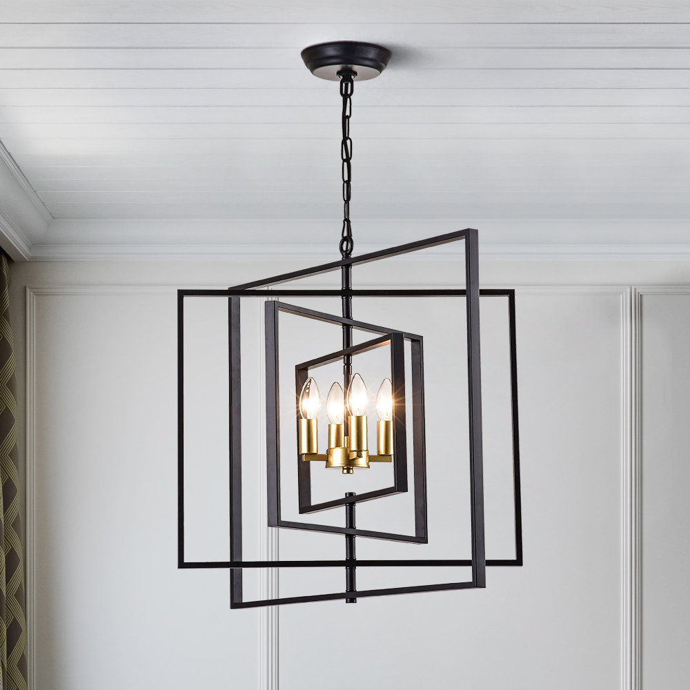 Padula 4 - Light 25.6"W Lantern Square Modern Chandelier with Black/Gold Metal for Dining Room or Kitchen Mercury Row®