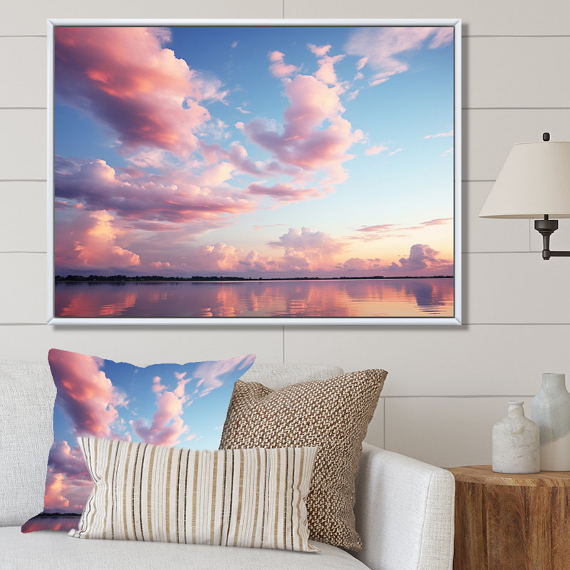 Ciel rose, sérénité céleste sur toile, H 16 po x l 32 po x P 1 po, Cadre flottant blanc