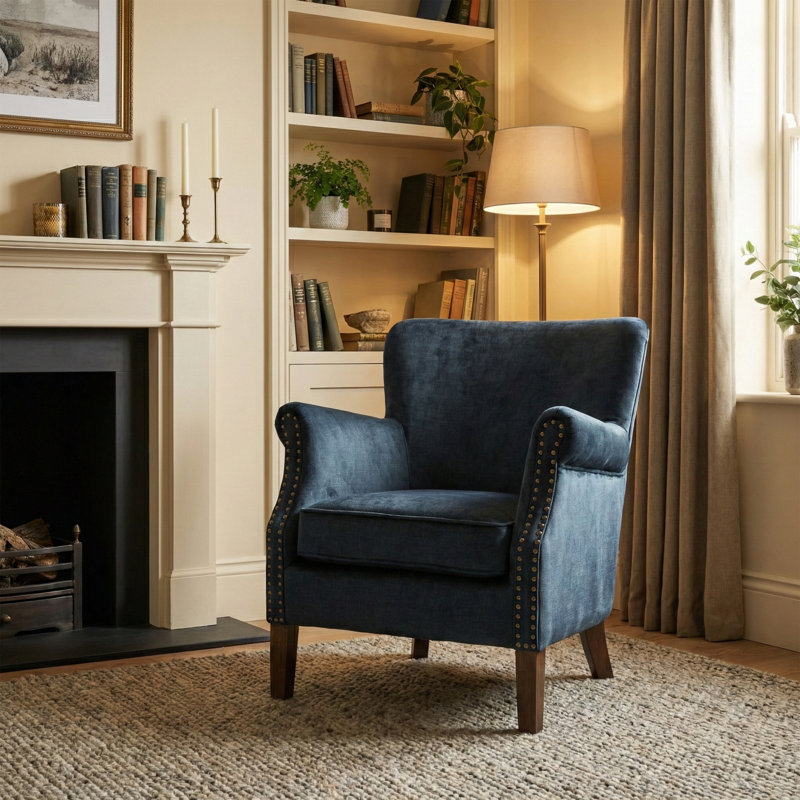Velour Upholstered Armchair, Deep Ocean