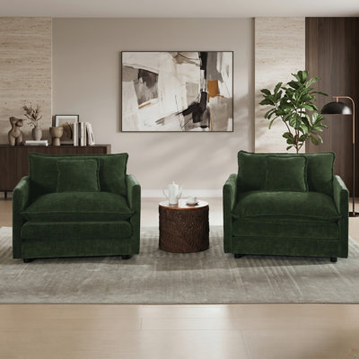Ensemble de 2 chaises d'appoint surdimensionnées avec accoudoirs légèrement ajustés et coussins moelleux, vert foncé