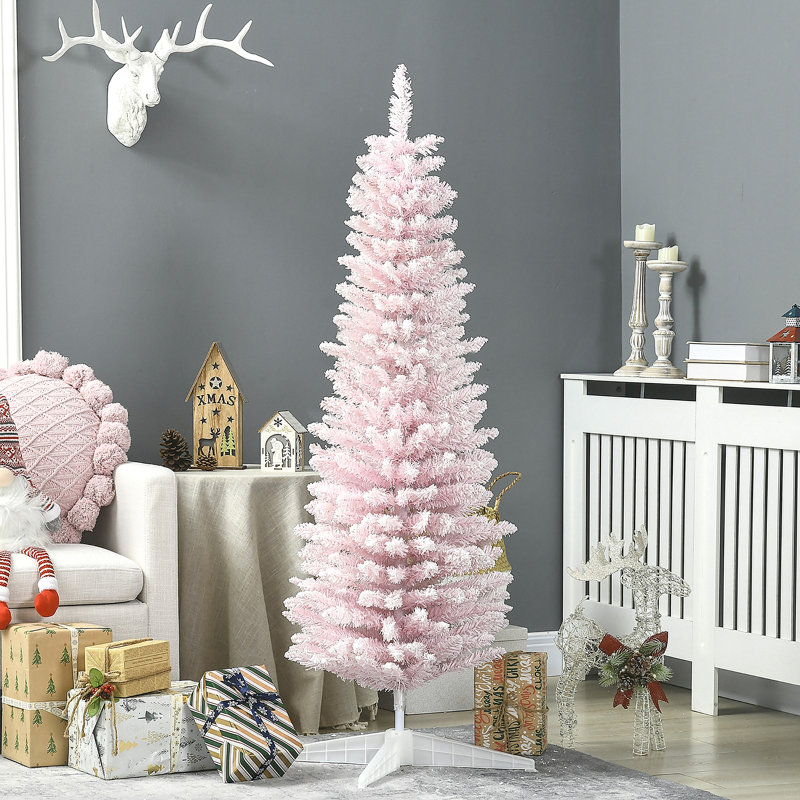5' Snow Flocked Artificial Pencil Christmas Tree, Slim Xmas Tree With Realistic Branches And Plastic Base Stand