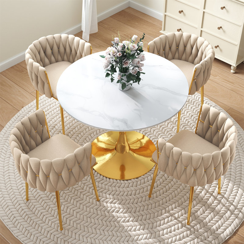 Ensemble de salle à manger à piédestal rond avec chaise tissée, Beige